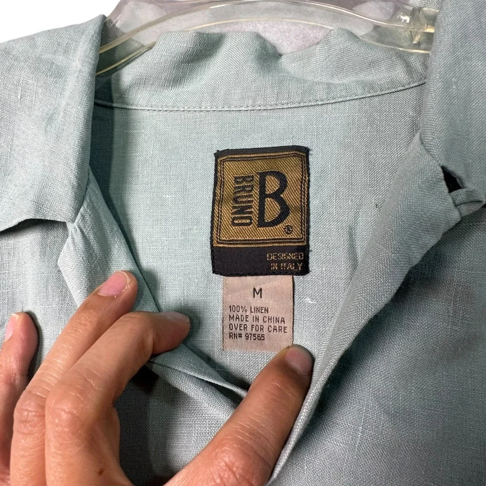 Bruno Mens 100%‎ Linen Short Sleeve Button Down Shirt Sage Green Relaxed Medium